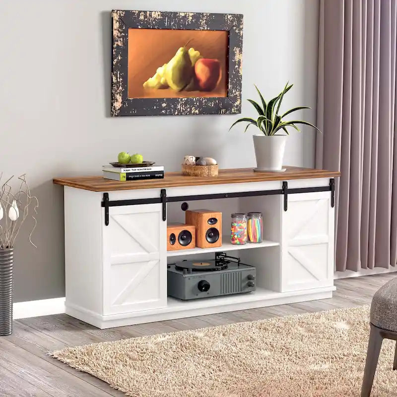 Meuble TV de ferme moderne avec porte coulissante | 2 étagères, convient aux téléviseurs de 43" à 65"