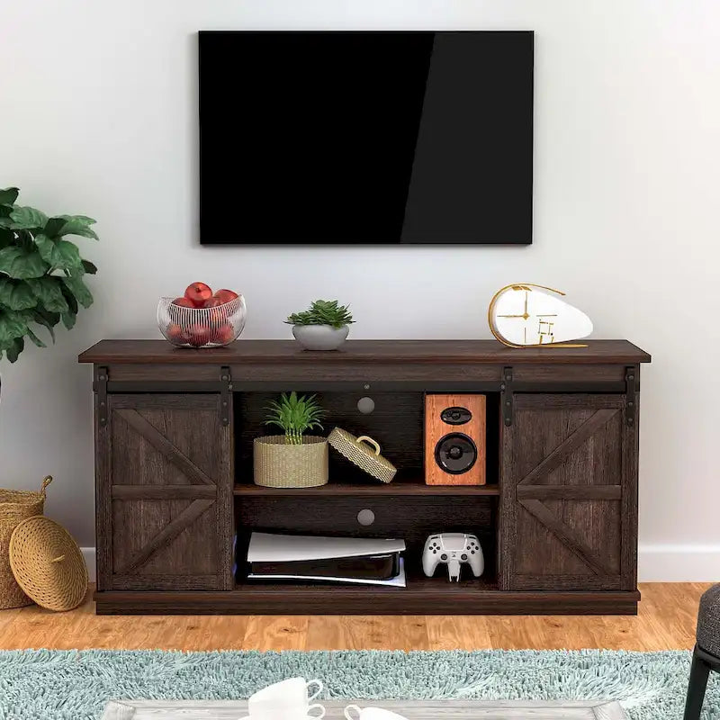 Meuble TV de ferme moderne avec porte coulissante | 2 étagères, convient aux téléviseurs de 43" à 65"