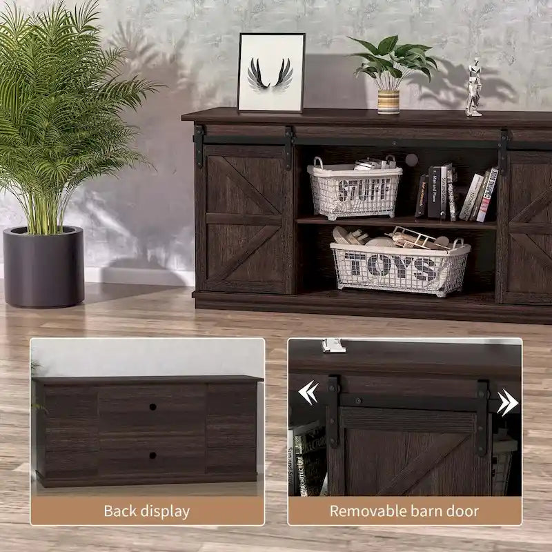 Meuble TV de ferme moderne avec porte coulissante | 2 étagères, convient aux téléviseurs de 43" à 65"