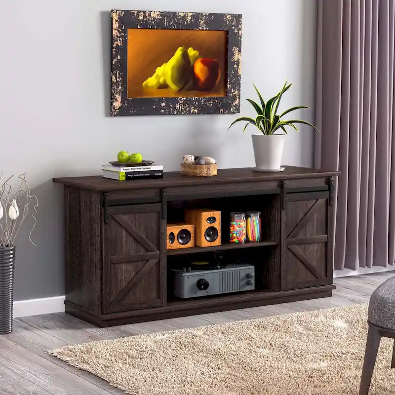 Meuble TV de ferme moderne avec porte coulissante | 2 étagères, convient aux téléviseurs de 43" à 65"