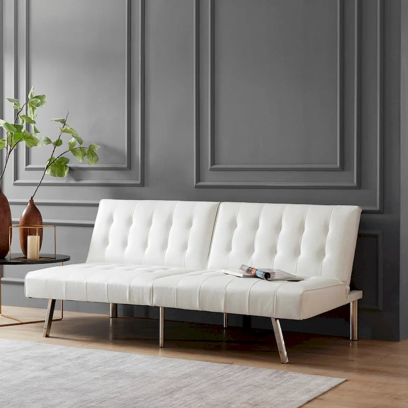 Canapé-lit futon capitonné du milieu du siècle avec dossier divisé et pieds chromés