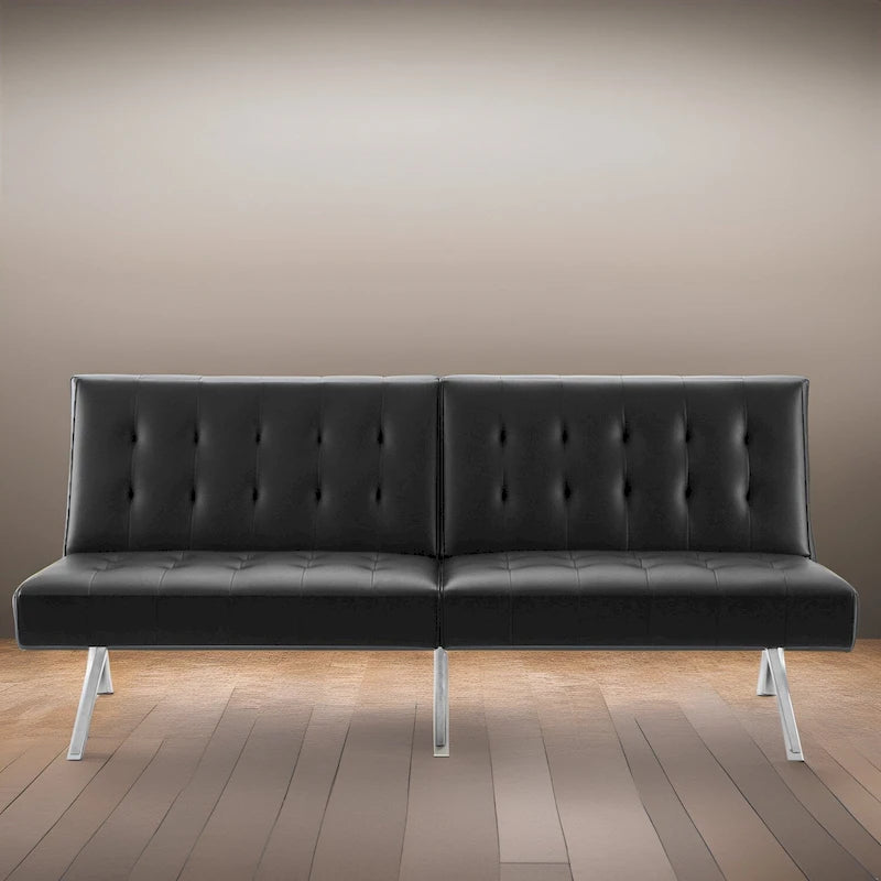 Canapé-lit futon capitonné du milieu du siècle avec dossier divisé et pieds chromés