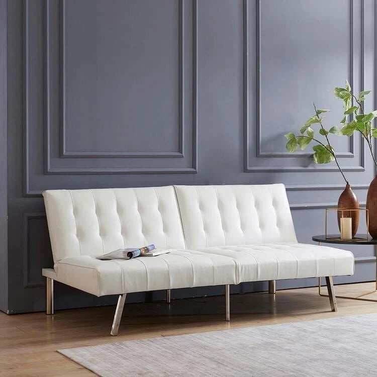 Canapé-lit futon capitonné du milieu du siècle avec dossier divisé et pieds chromés