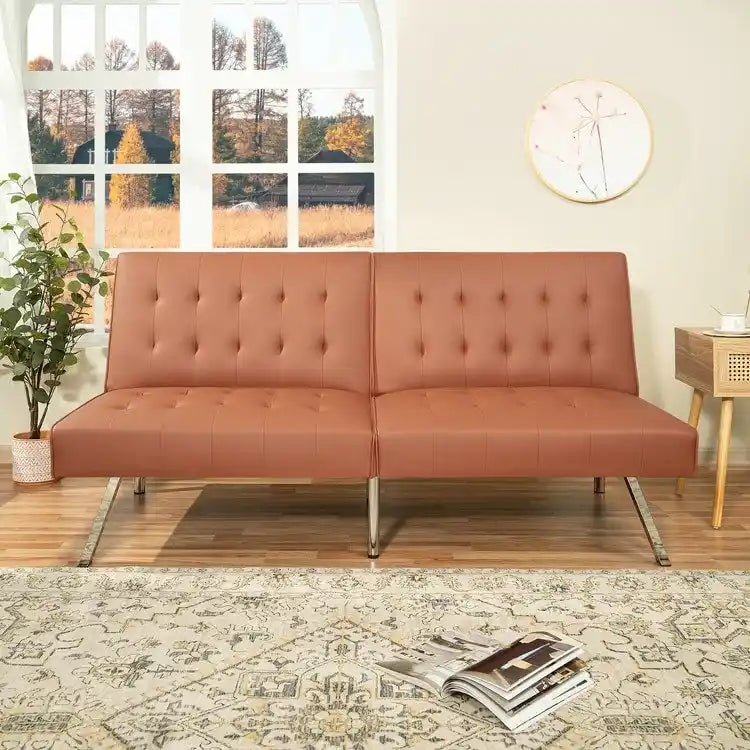 Canapé-lit futon capitonné du milieu du siècle avec dossier divisé et pieds chromés