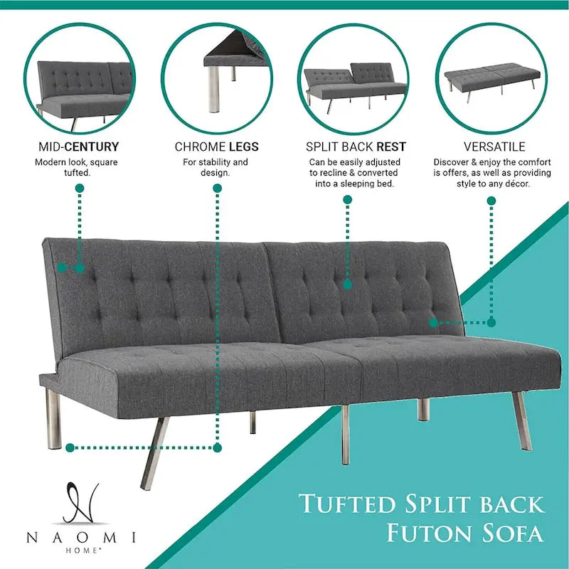 Canapé-lit futon capitonné du milieu du siècle avec dossier divisé et pieds chromés