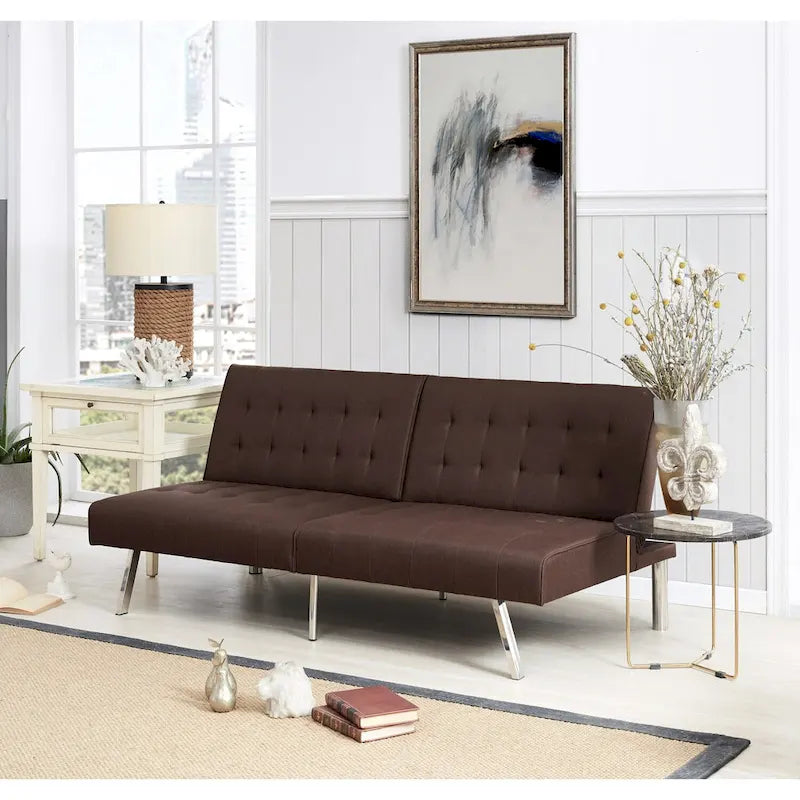 Canapé-lit futon capitonné du milieu du siècle avec dossier divisé et pieds chromés