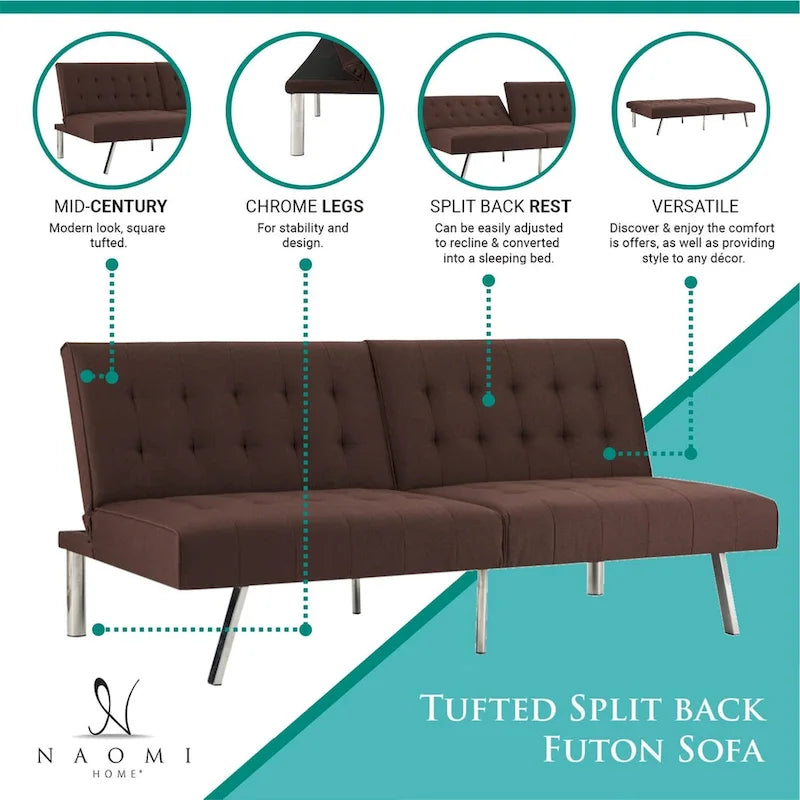 Canapé-lit futon capitonné du milieu du siècle avec dossier divisé et pieds chromés