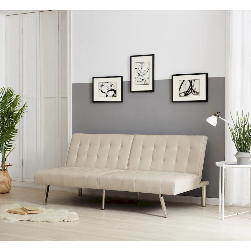 Canapé-lit futon capitonné du milieu du siècle avec dossier divisé et pieds chromés