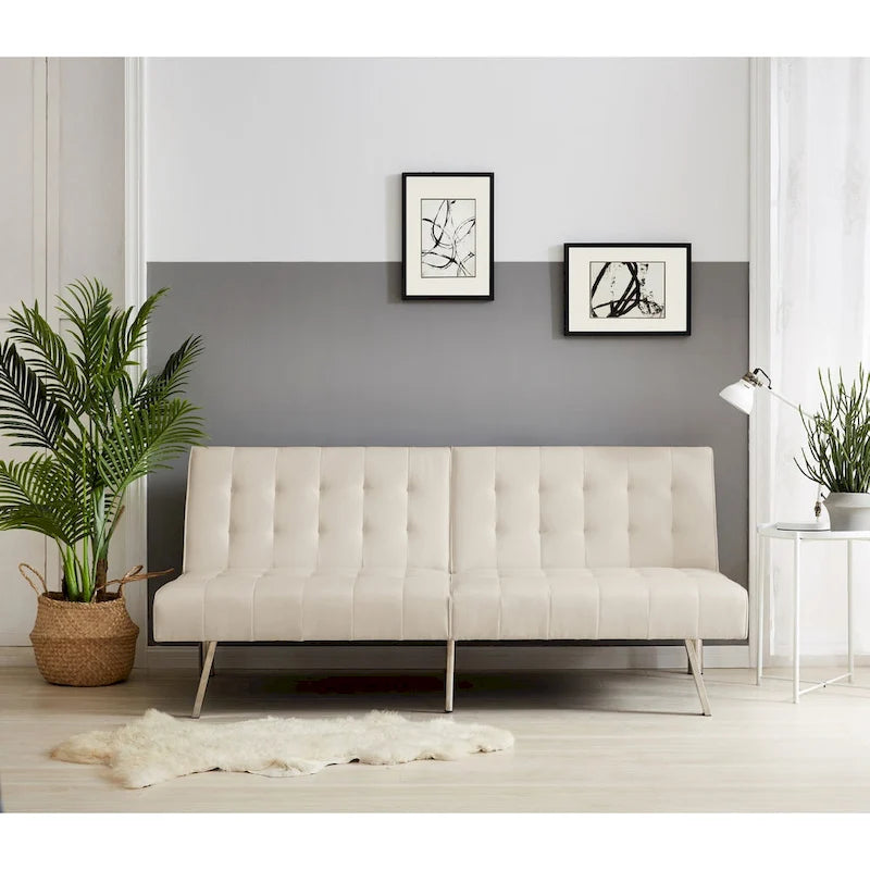 Canapé-lit futon capitonné du milieu du siècle avec dossier divisé et pieds chromés