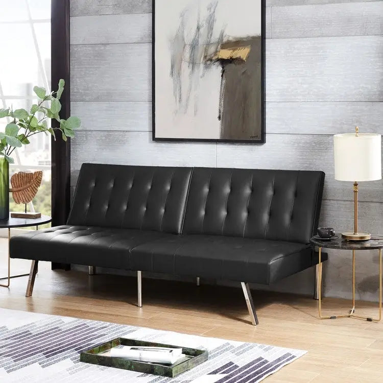 Canapé-lit futon capitonné du milieu du siècle avec dossier divisé et pieds chromés