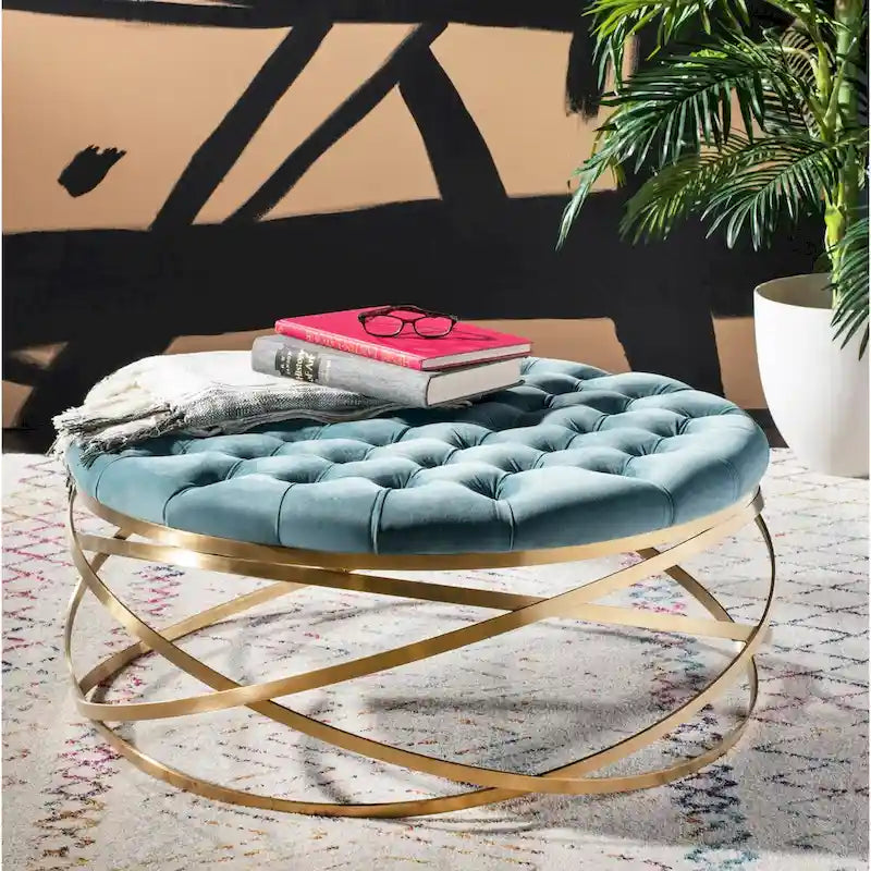 Ottoman en velours capitonné | Repose-pieds rond, touche glamour pour le salon, plusieurs coloris