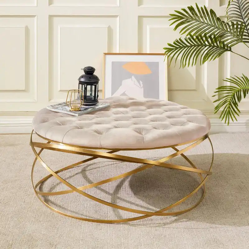 Ottoman en velours capitonné | Repose-pieds rond, touche glamour pour le salon, plusieurs coloris