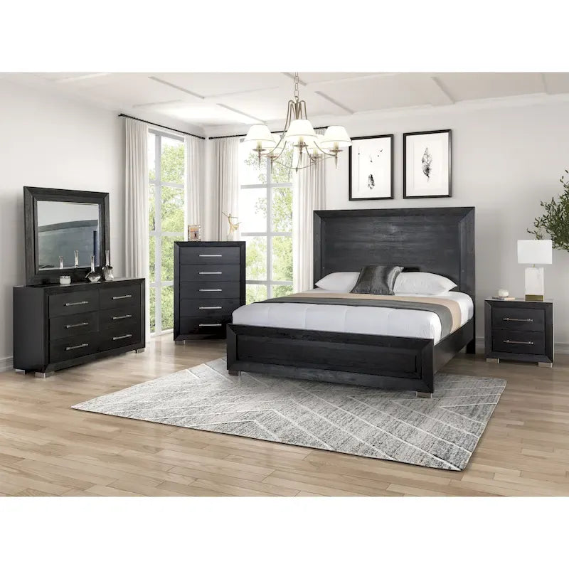Ensemble de chambre King 6 pièces moderne en bois massif noir | Tiroirs doublés de cèdre, ensemble complet