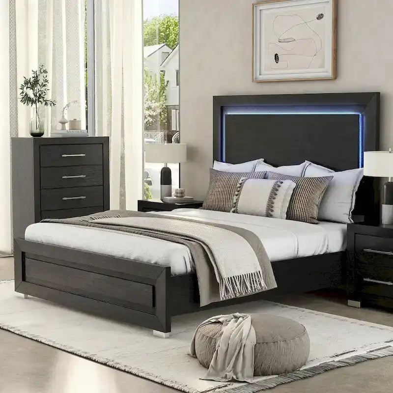 Ensemble de chambre King 6 pièces moderne en bois massif noir | Tiroirs doublés de cèdre, ensemble complet