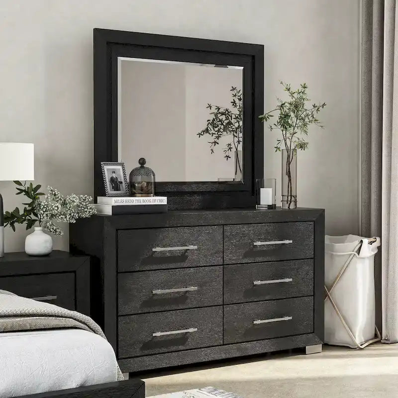Ensemble de chambre King 6 pièces moderne en bois massif noir | Tiroirs doublés de cèdre, ensemble complet