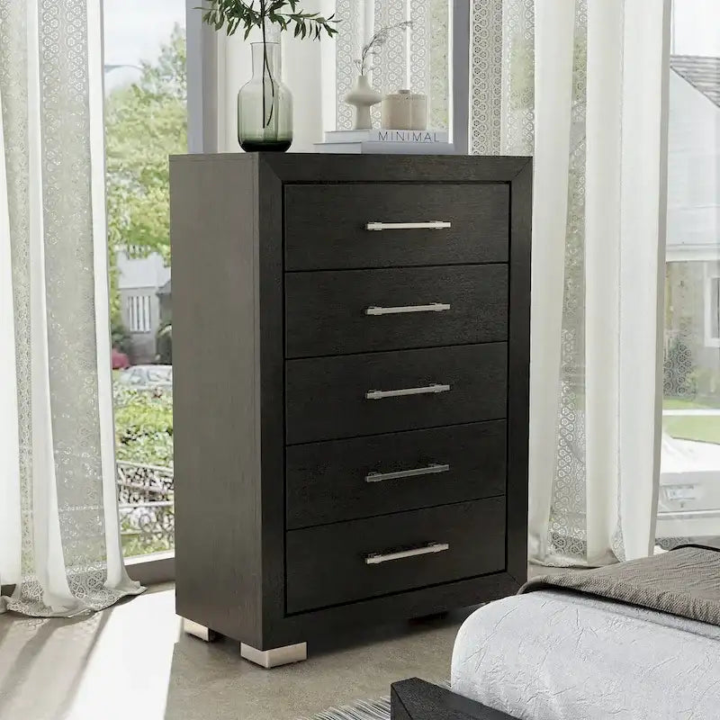 Ensemble de chambre King 6 pièces moderne en bois massif noir | Tiroirs doublés de cèdre, ensemble complet