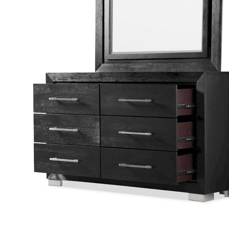 Ensemble de chambre King 6 pièces moderne en bois massif noir | Tiroirs doublés de cèdre, ensemble complet