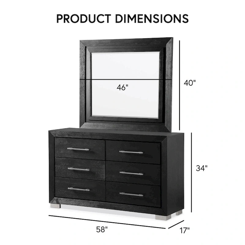 Ensemble de chambre King 6 pièces moderne en bois massif noir | Tiroirs doublés de cèdre, ensemble complet