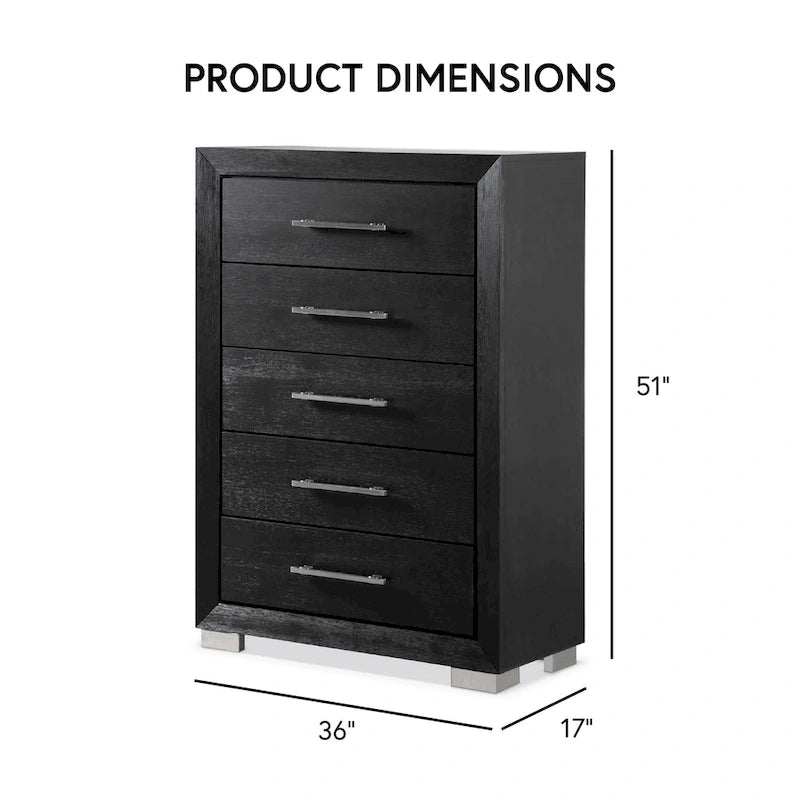 Ensemble de chambre King 6 pièces moderne en bois massif noir | Tiroirs doublés de cèdre, ensemble complet
