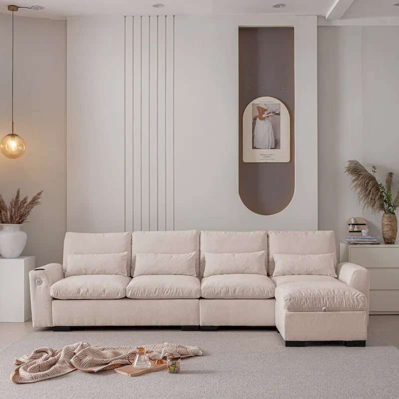 Canapé modulaire élégant en chenille avec pouf réversible, ports USB et porte-gobelet, beige