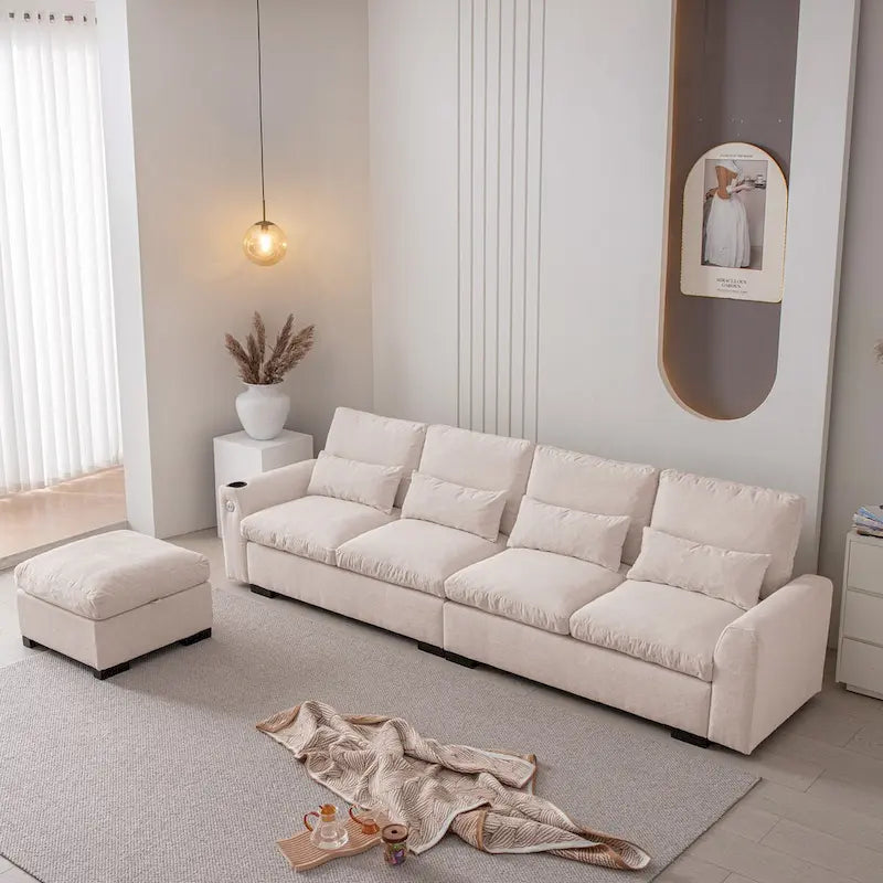 Canapé modulaire élégant en chenille avec pouf réversible, ports USB et porte-gobelet, beige