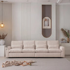 Canapé modulaire élégant en chenille avec pouf réversible, ports USB et porte-gobelet, beige