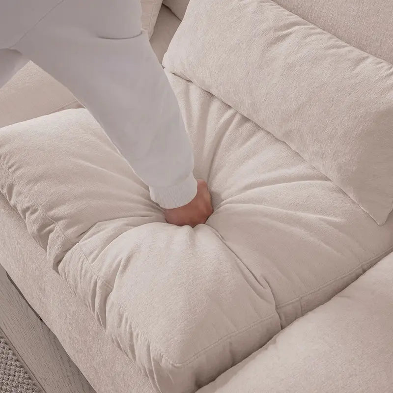 Canapé modulaire élégant en chenille avec pouf réversible, ports USB et porte-gobelet, beige