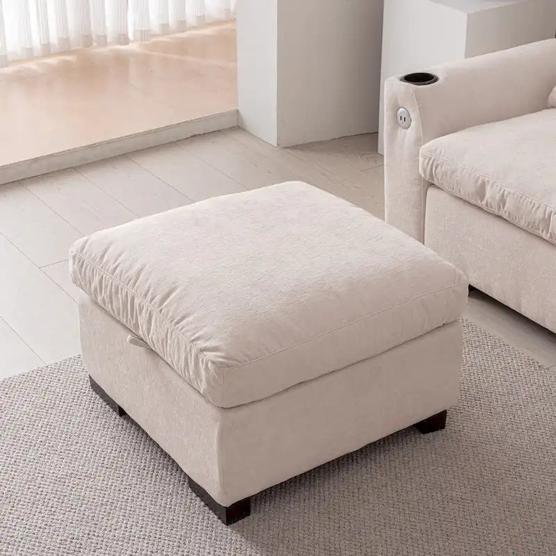 Canapé modulaire élégant en chenille avec pouf réversible, ports USB et porte-gobelet, beige