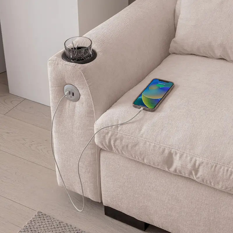 Canapé modulaire élégant en chenille avec pouf réversible, ports USB et porte-gobelet, beige