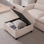Canapé modulaire élégant en chenille avec pouf réversible, ports USB et porte-gobelet, beige