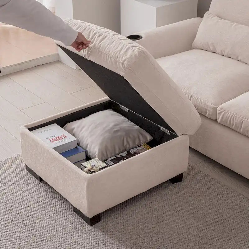 Canapé modulaire élégant en chenille avec pouf réversible, ports USB et porte-gobelet, beige
