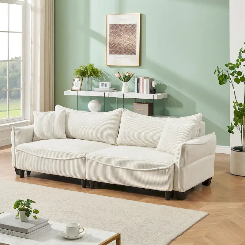 Corduroy Upholstered Sofa with 2 Throw Pillows | Modern Living Room Couch
