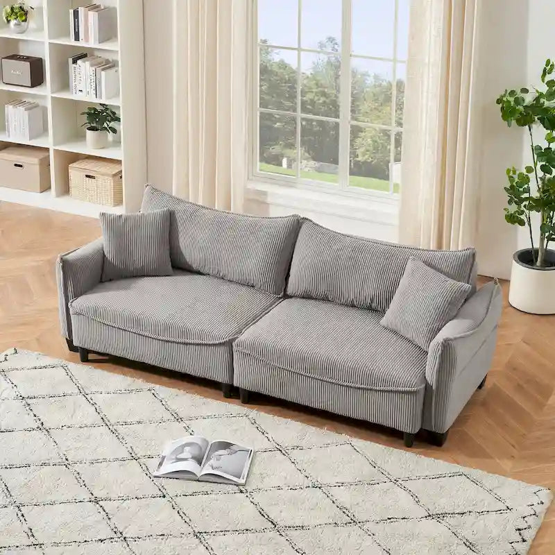 Corduroy Upholstered Sofa with 2 Throw Pillows | Modern Living Room Couch