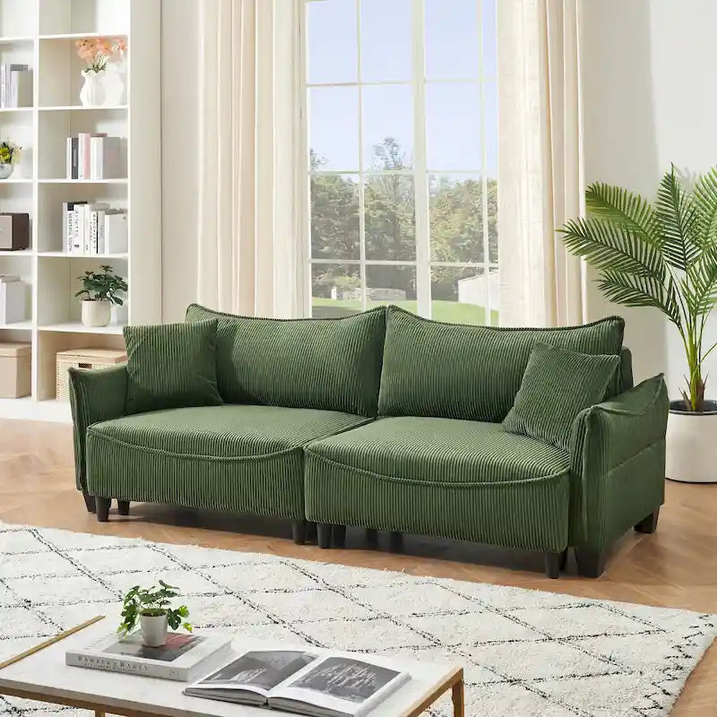 Corduroy Upholstered Sofa with 2 Throw Pillows | Modern Living Room Couch