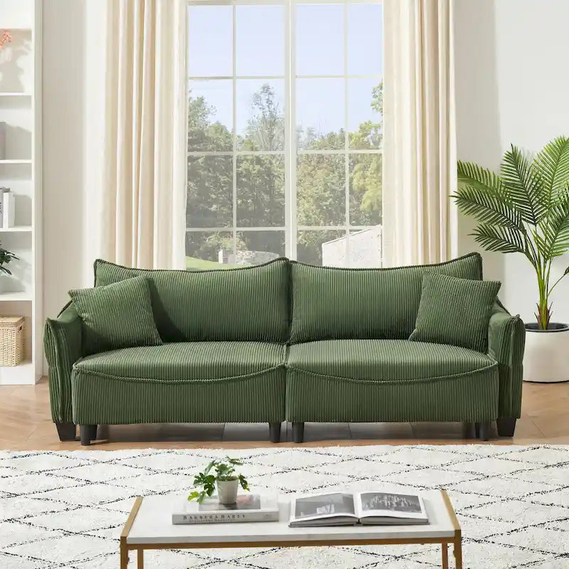 Corduroy Upholstered Sofa with 2 Throw Pillows | Modern Living Room Couch
