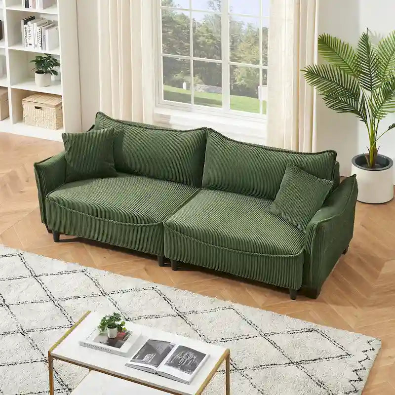 Corduroy Upholstered Sofa with 2 Throw Pillows | Modern Living Room Couch