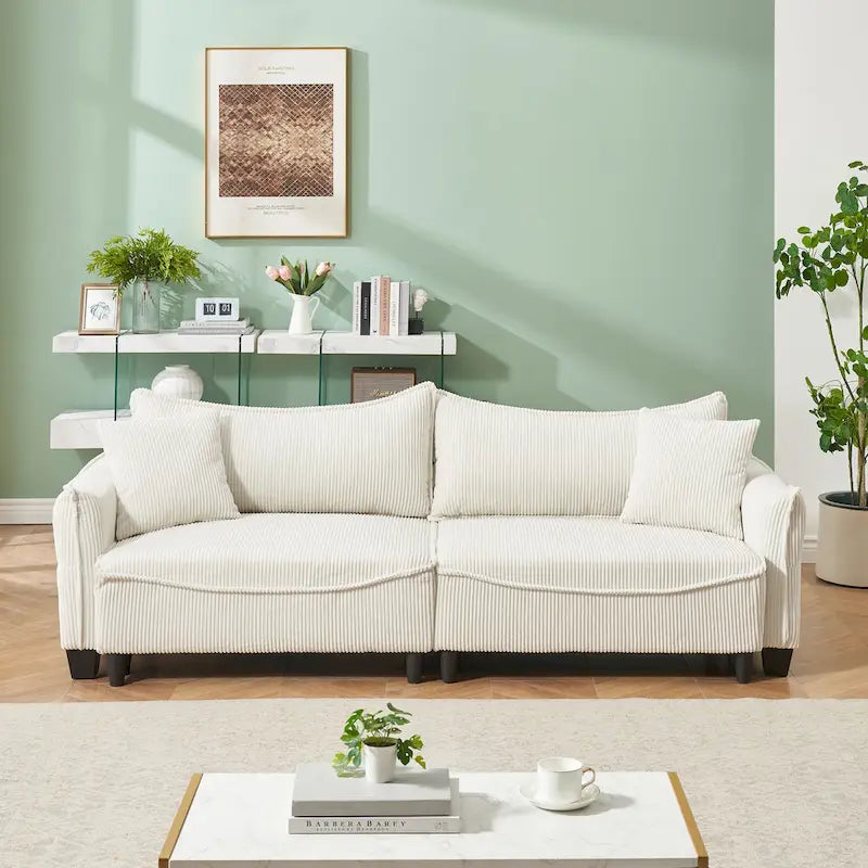 Corduroy Upholstered Sofa with 2 Throw Pillows | Modern Living Room Couch