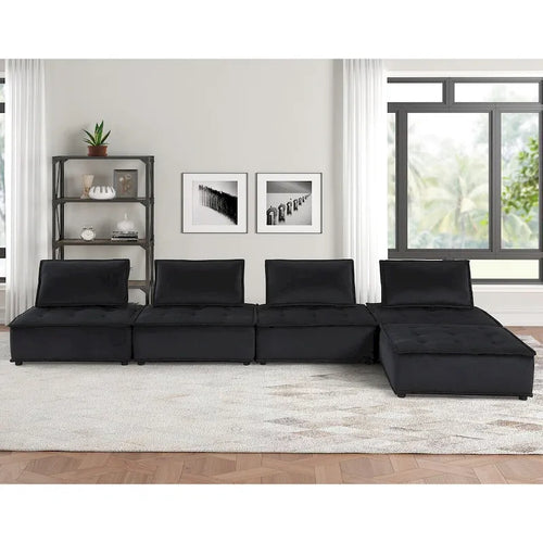 Canapé d'angle modulaire 5 pièces en velours avec pouf