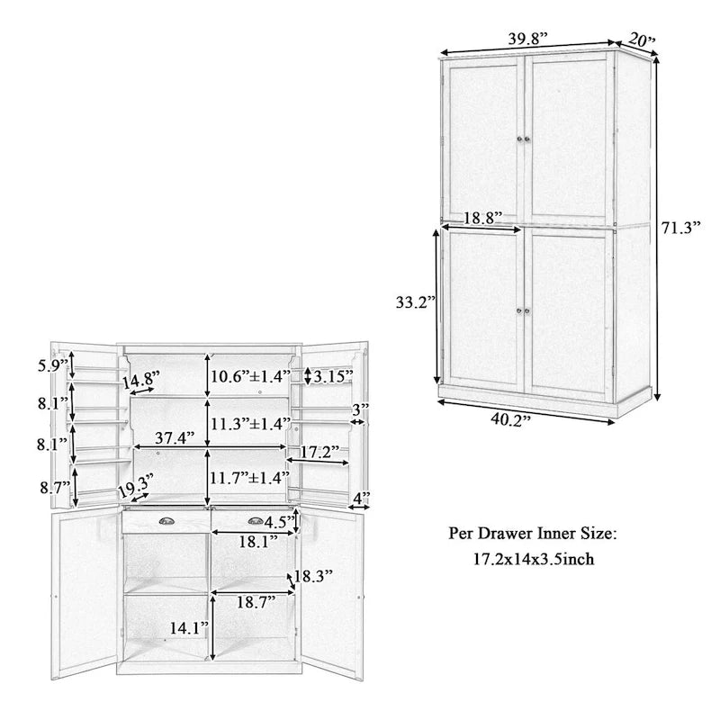 Meuble de rangement de cuisine autoportant de 180 cm | 2 tiroirs, étagères réglables, 8 étagères de porte