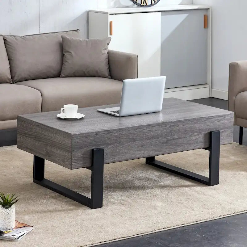 Table basse en MDF aspect bois gris rustique | Pieds en métal noir, salon