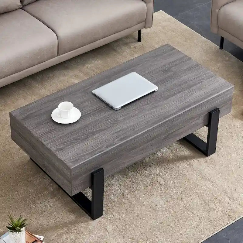 Table basse en MDF aspect bois gris rustique | Pieds en métal noir, salon