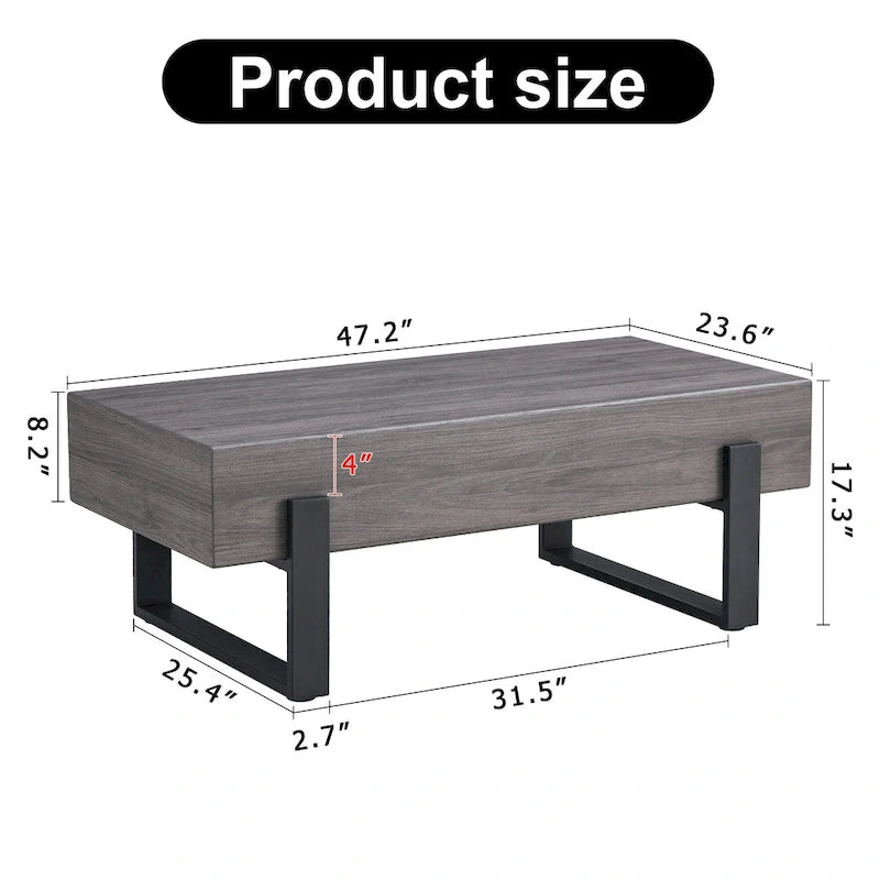 Table basse en MDF aspect bois gris rustique | Pieds en métal noir, salon