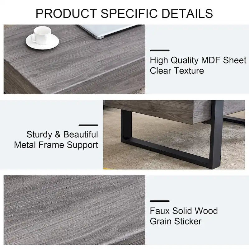 Table basse en MDF aspect bois gris rustique | Pieds en métal noir, salon