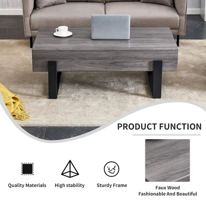 Table basse en MDF aspect bois gris rustique | Pieds en métal noir, salon