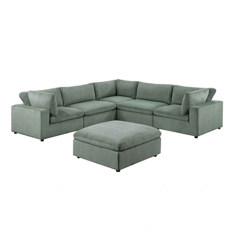 Canapé d'angle modulaire en velours côtelé 6 pièces avec ottoman