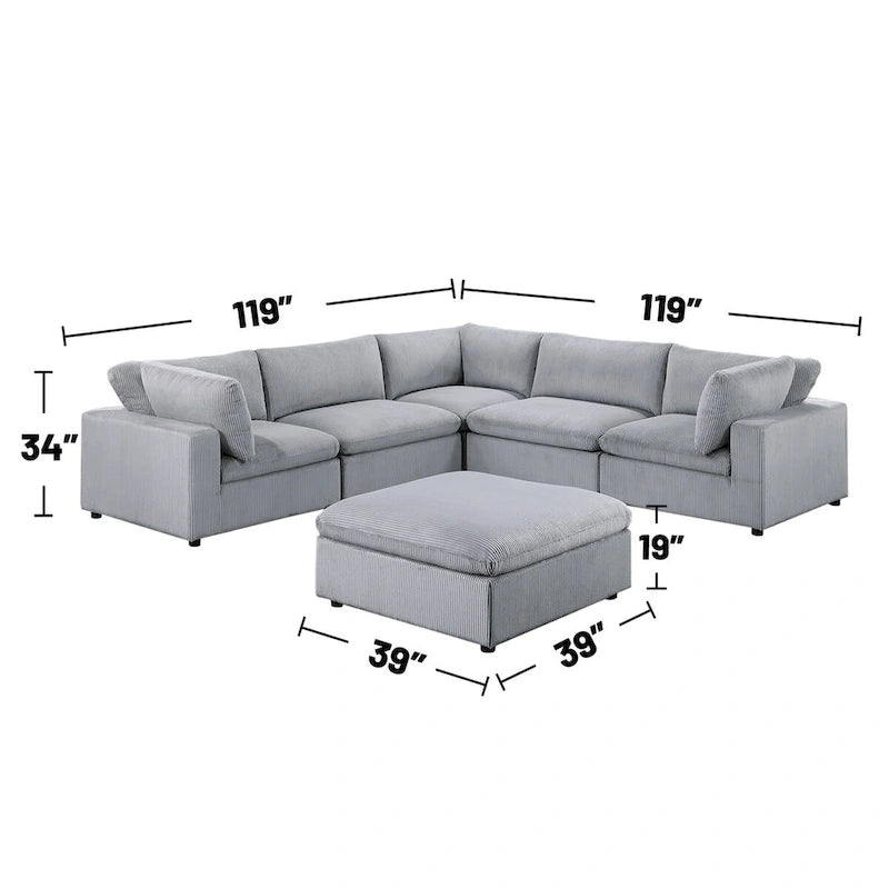Canapé d'angle modulaire en velours côtelé 6 pièces avec ottoman