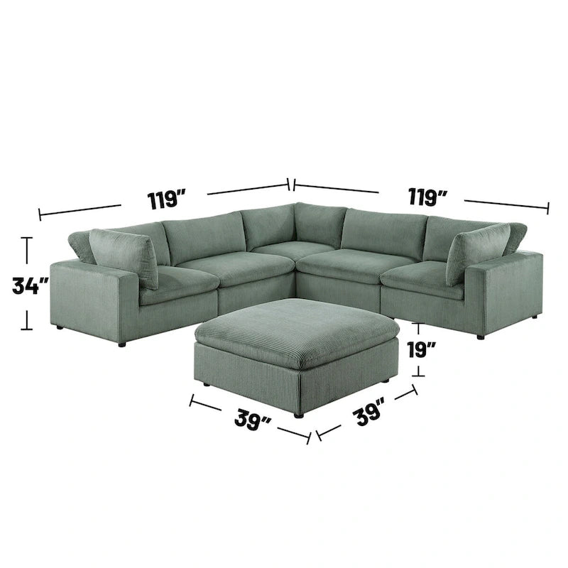 Canapé d'angle modulaire en velours côtelé 6 pièces avec ottoman