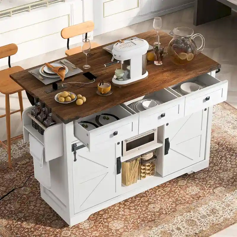 Îlot de cuisine de ferme de 136,4 cm avec prise de courant | Chariot de rangement, station de préparation