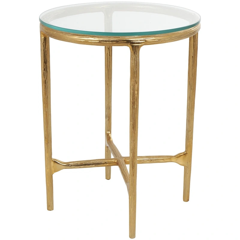 Table d'appoint en aluminium texturé avec plateau en verre | Doré ou argenté, accent de salon moderne