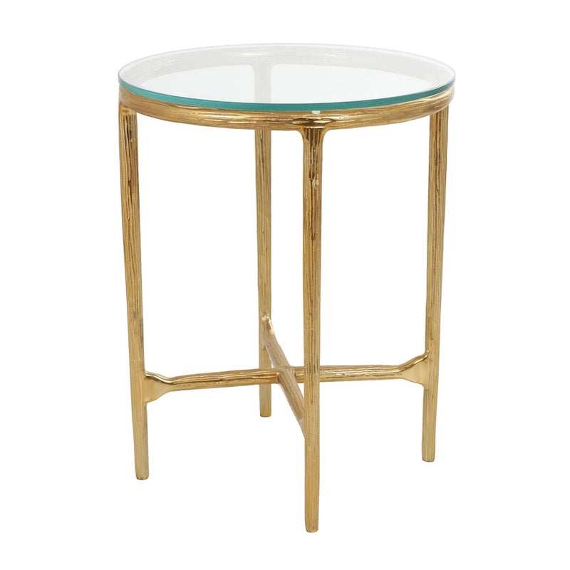 Table d'appoint en aluminium texturé avec plateau en verre | Doré ou argenté, accent de salon moderne